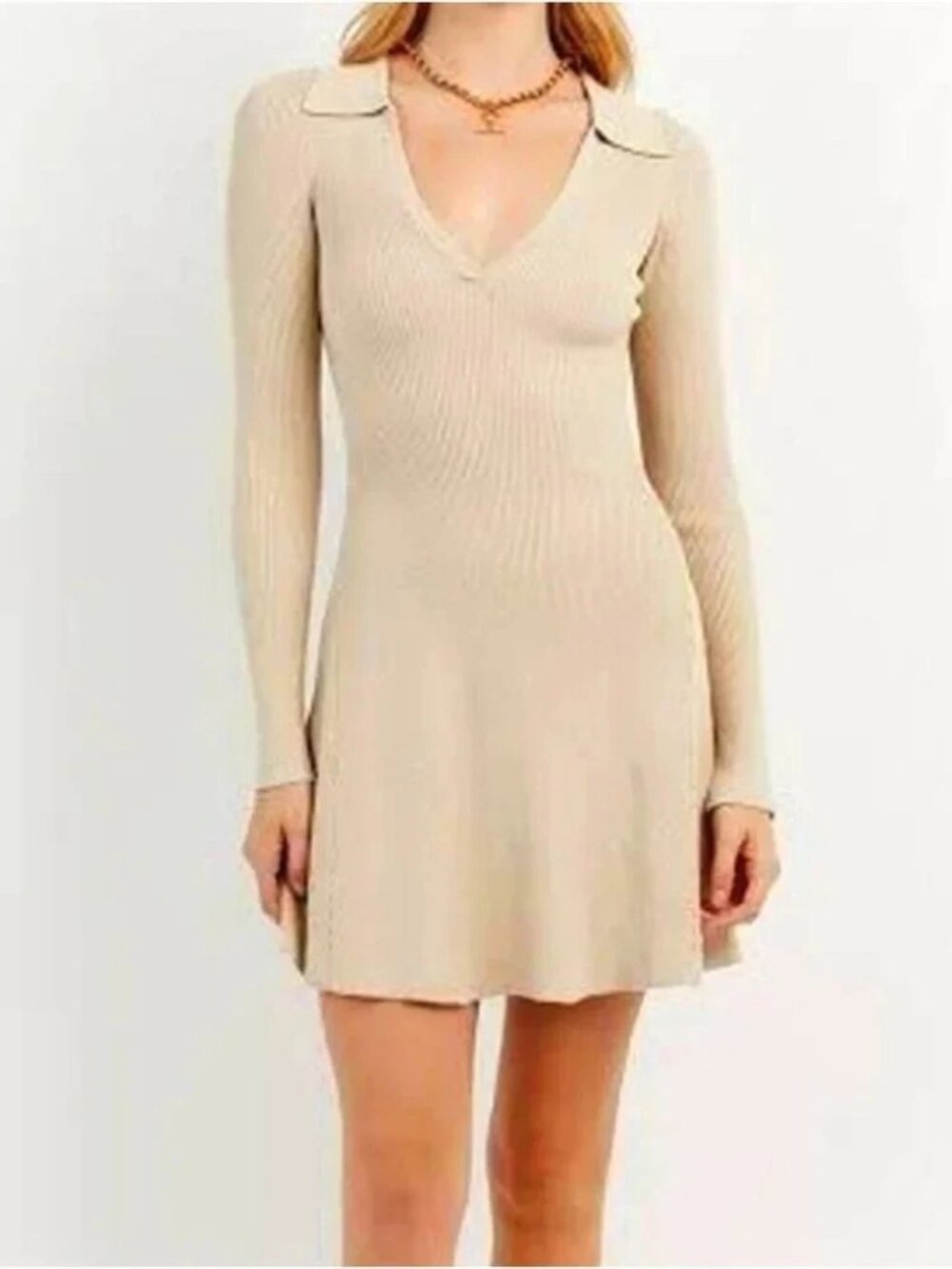 DISSH Fenton Sleeved Ribbed Knit Mini Sweater Dress Sz XL V-Neck Fit & Flare Tan